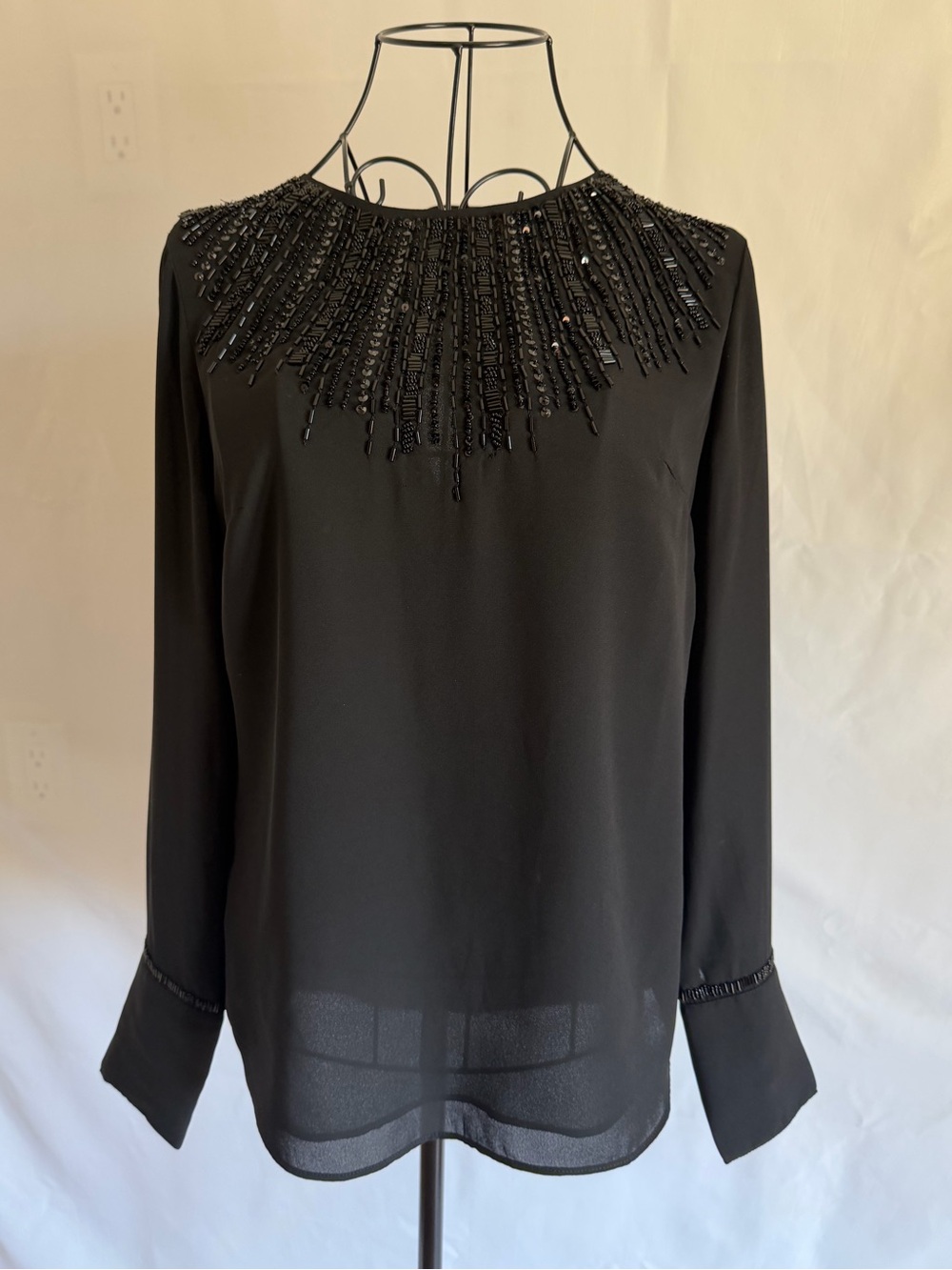 White House Black Market Black Beaded Neckline Long-Sleeve Blouse